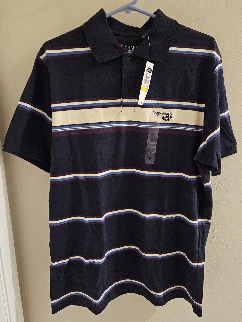 haps Mens Polo Shirt Short Sleeve Striped Navy Cream Maroon Medium NWT